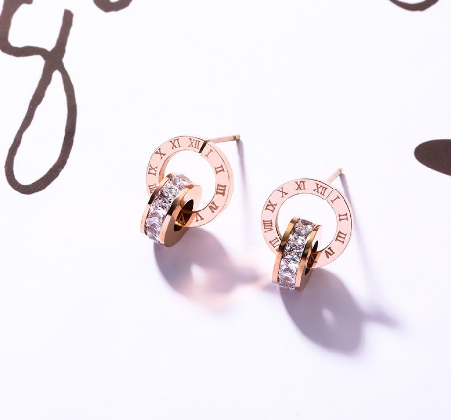 Stainless Steel Rose Gold Double Ring Stud Earrings