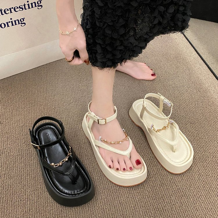 Summer Design Chain Sandals For Women Vintage Pearl Toeless Shoes