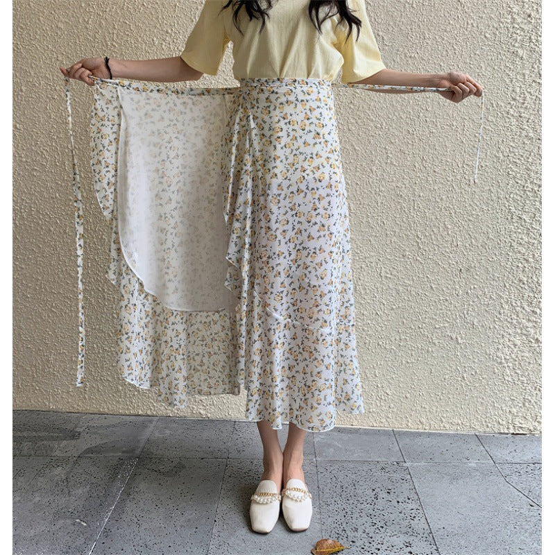 Vacation Style Floral Skirt Chiffon Dress Skirt One-piece Ruffled