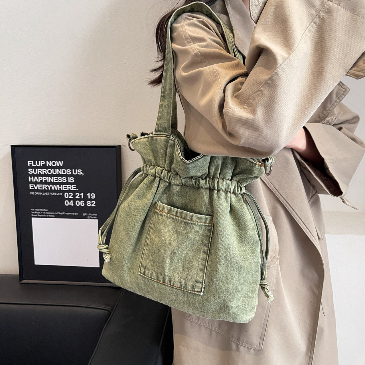 Drawstring Bundle Women's Denim Crossbody Bag