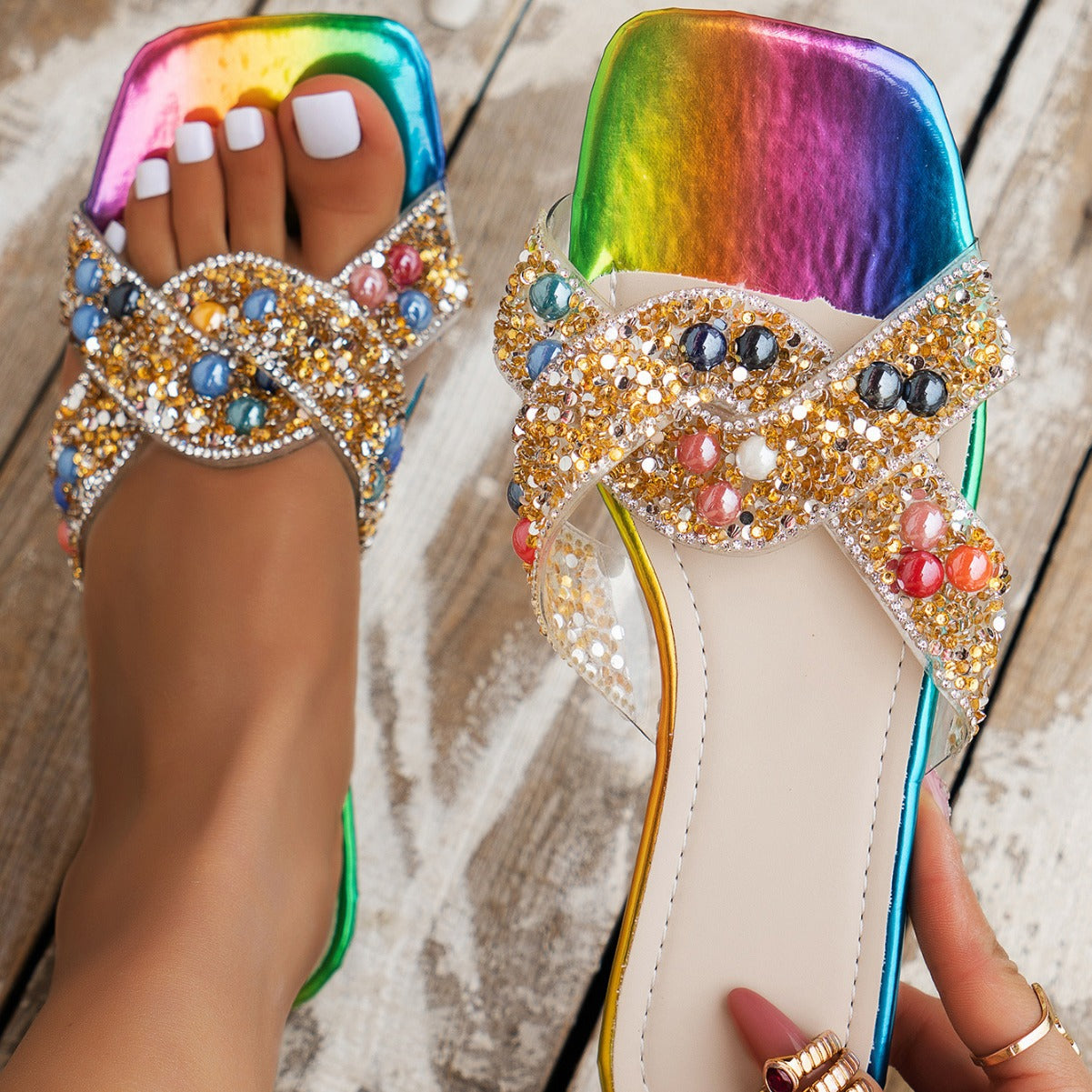 Colorful Flat Slippers Gorgeous Pearl Design Sandals