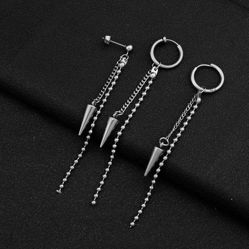 Stainless Steel Awl Bead Necklace Tassel Dangle Earrings