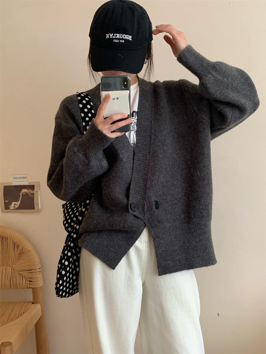Knitted Cardigan Korean Style Solid Color Loose And Simple Knitwear Idle Style Women's Coat