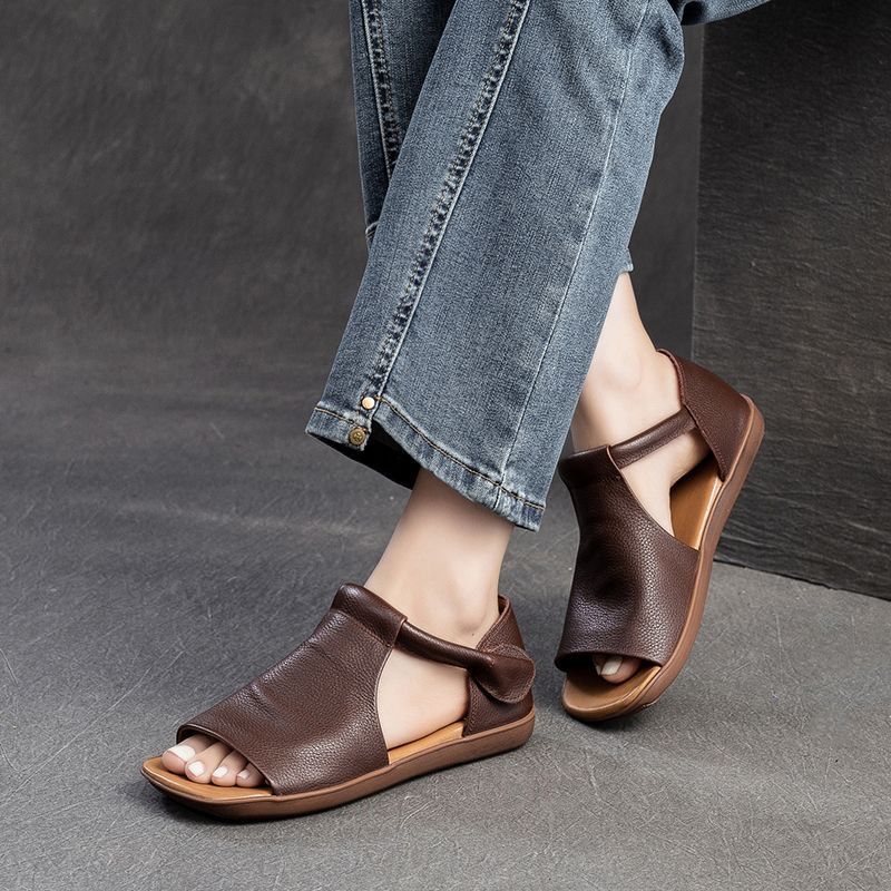 Authentic Leather British Style Handmade Velcro Open Toe Sandals