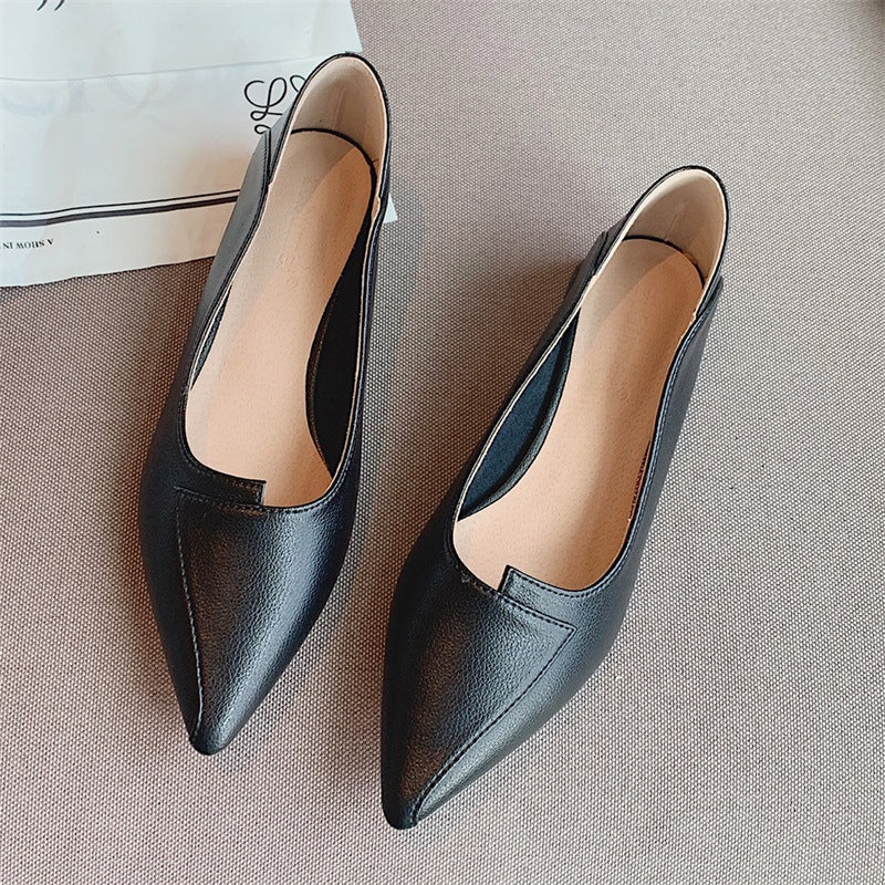 Pointed-toe Authentic Leather Soft Bottom Chunky Heel Shoes Two-way Shoes