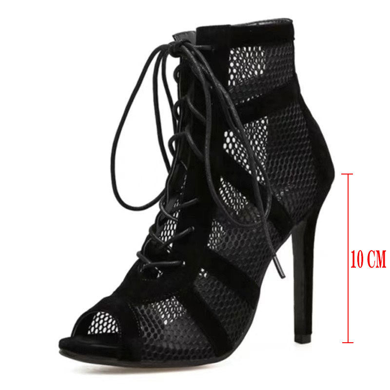 Black Mesh Suede Fashion Cross Lace-up Sexy Women's High Heel Plus Size Shoes