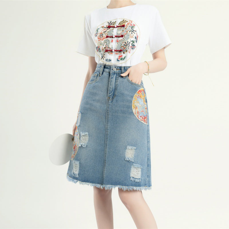 New Chinese Embroidery Denim Skirt A- Line Skirt Buckle