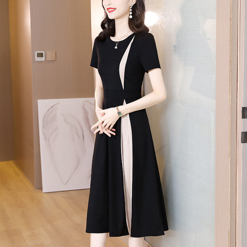 Summer Long Short Sleeve Contrast Color Hepburn Style Little Black Dress