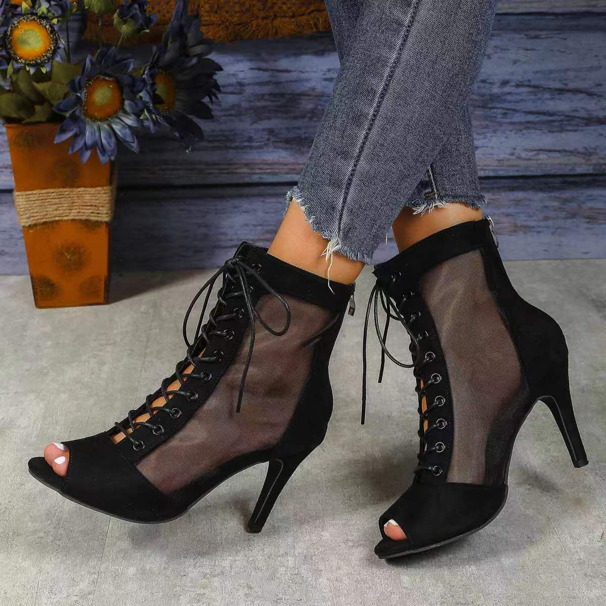 Mesh Fish Mouth Sandal Boots Female Stiletto Heel High Sandals