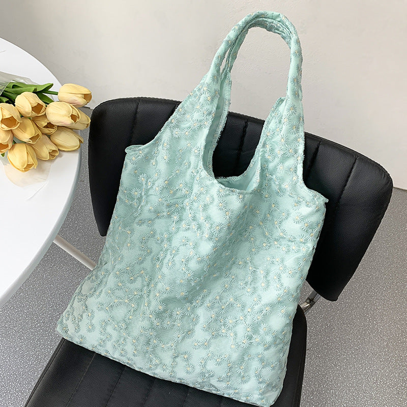 Embroidery Canvas Minimalism Flower Laced One-shoulder Bag