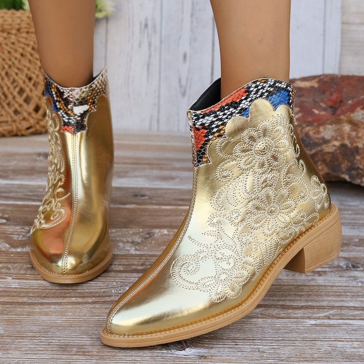 Women's Pointed-toe Stitching Embroidered Chunky Heel Chelsea Mid-calf Boots
