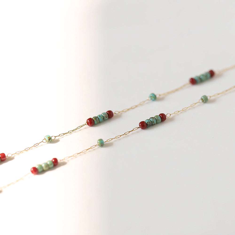 Turquoise Grain Glass Wine Red Contrast Color Necklace