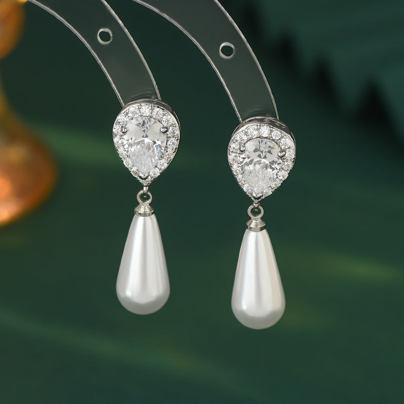 Diamond Water Drop Pearl Eardrops Stud Earrings