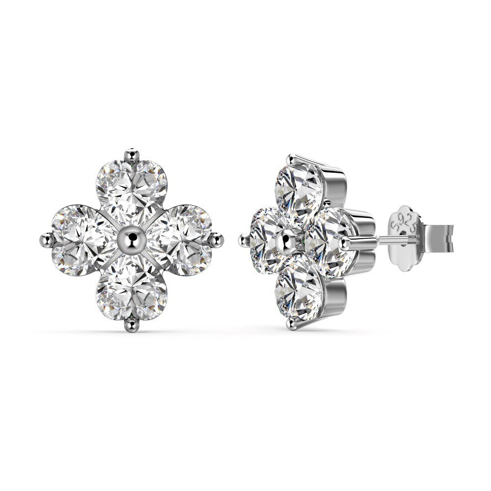 Sterling Silver Four Leaf Clover Ear Stud Female Niche Zircon