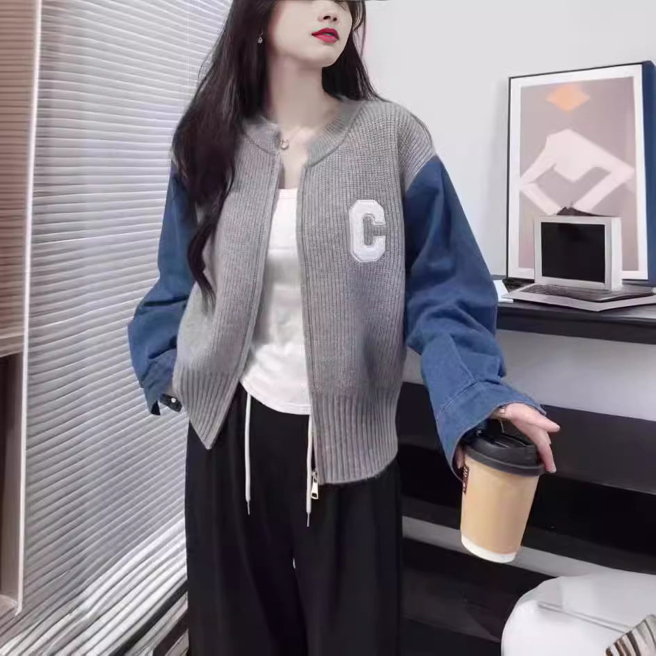 Women's Sweater Stitching Denim Autumnwinter Japanese And Korean New Loose Retro Style Coat