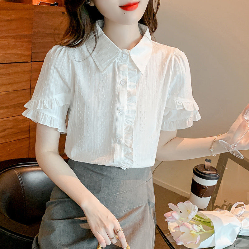 Sweet Design White Shirt For Women Niche Top Ruffled Short Sleeves