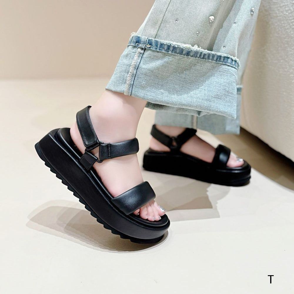 Simple Fashion Soft Tire Sheepskin Round Toe Comfortable Strap Light Platform Sandals