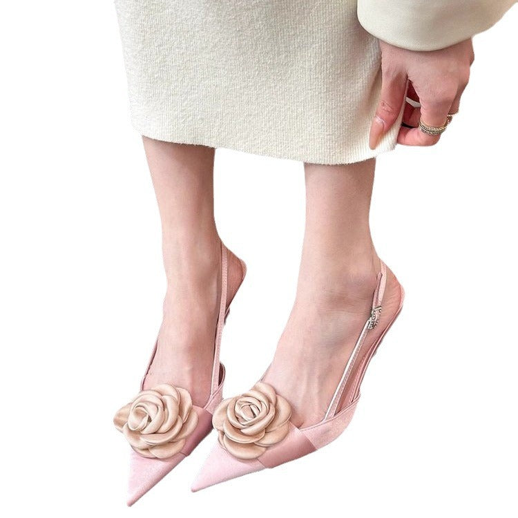 Fine Heeled Satin Rose High Heeled Sandals For Women With Pointed Toes