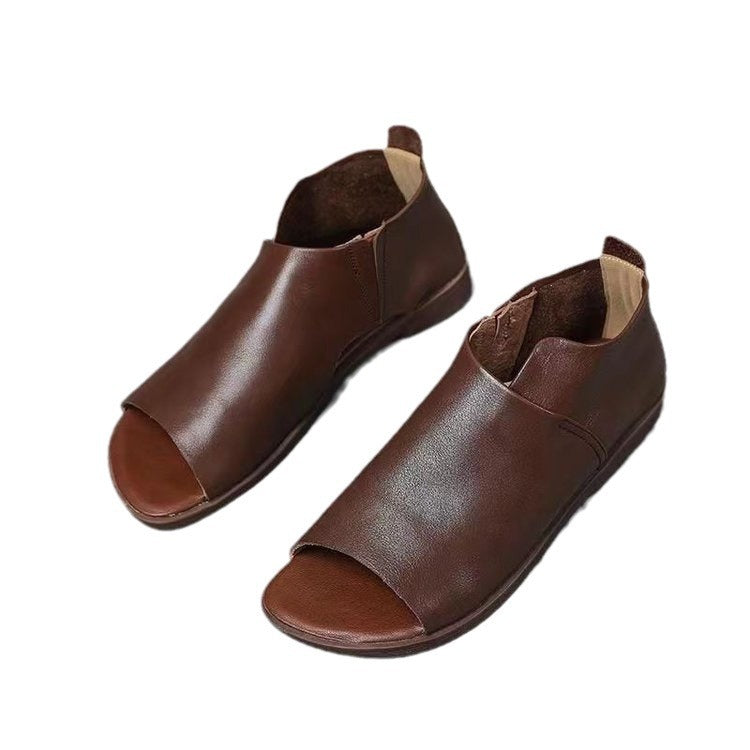 New Handmade Flat Soft Leather Soft Bottom Cover Heel Roman Shoes