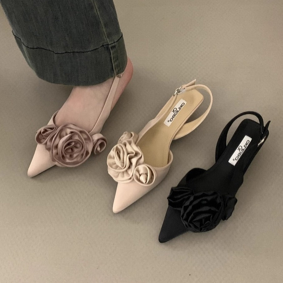 Spring And Summer Pointed French Flower Black Closed Toe Sandals Fairy Shoes