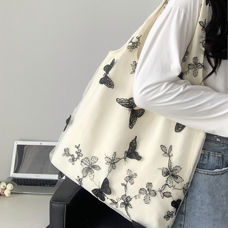 Embroidered Black Butterfly Canvas Bag Lace Women's Artistic