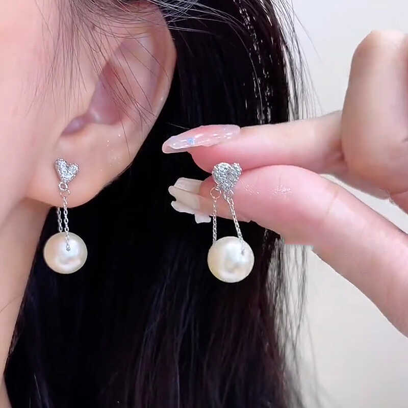 Simple Fully Jeweled Loving Heart Pearl Pendant Earrings