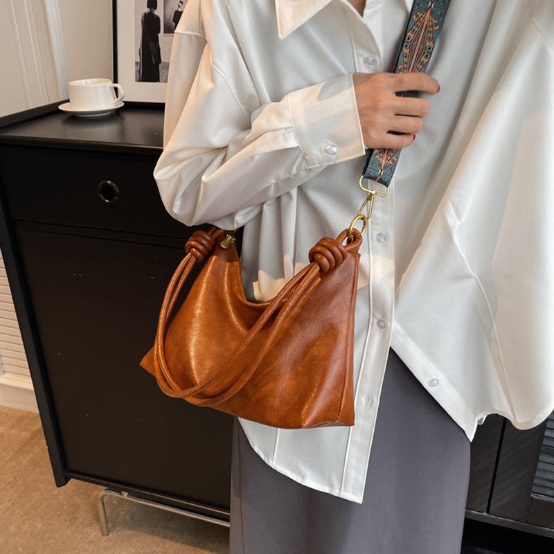 Women's High-end Soft Leather Textured Shoulder Geometric Wide Shoulder Strap Crossbody Bag