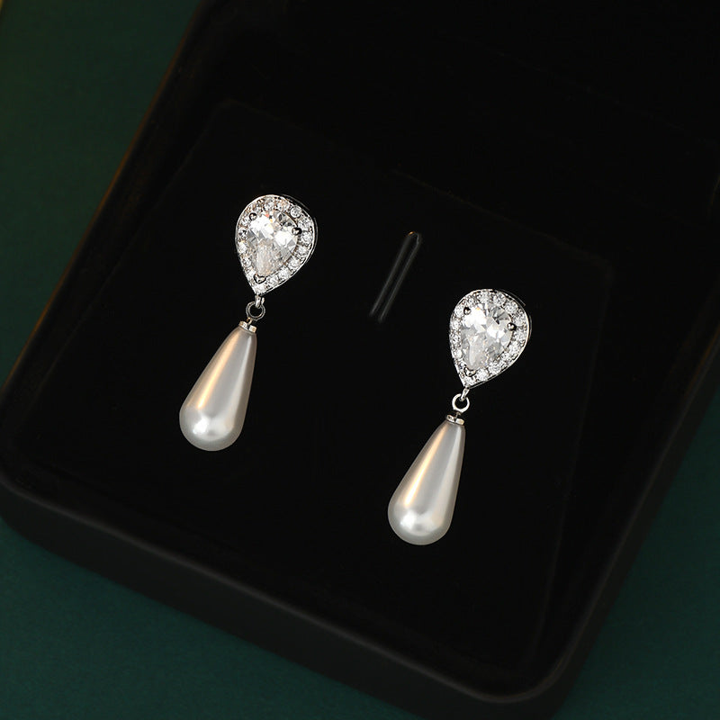 Diamond Water Drop Pearl Eardrops Stud Earrings