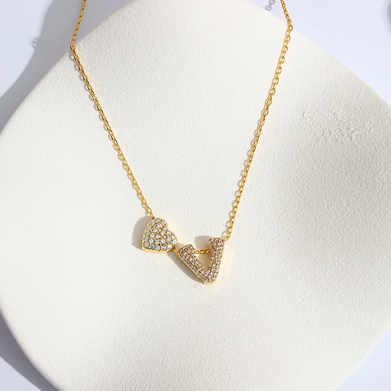 Fashion Copper Plated Real Gold Micro Inlaid Heart Letter Necklace