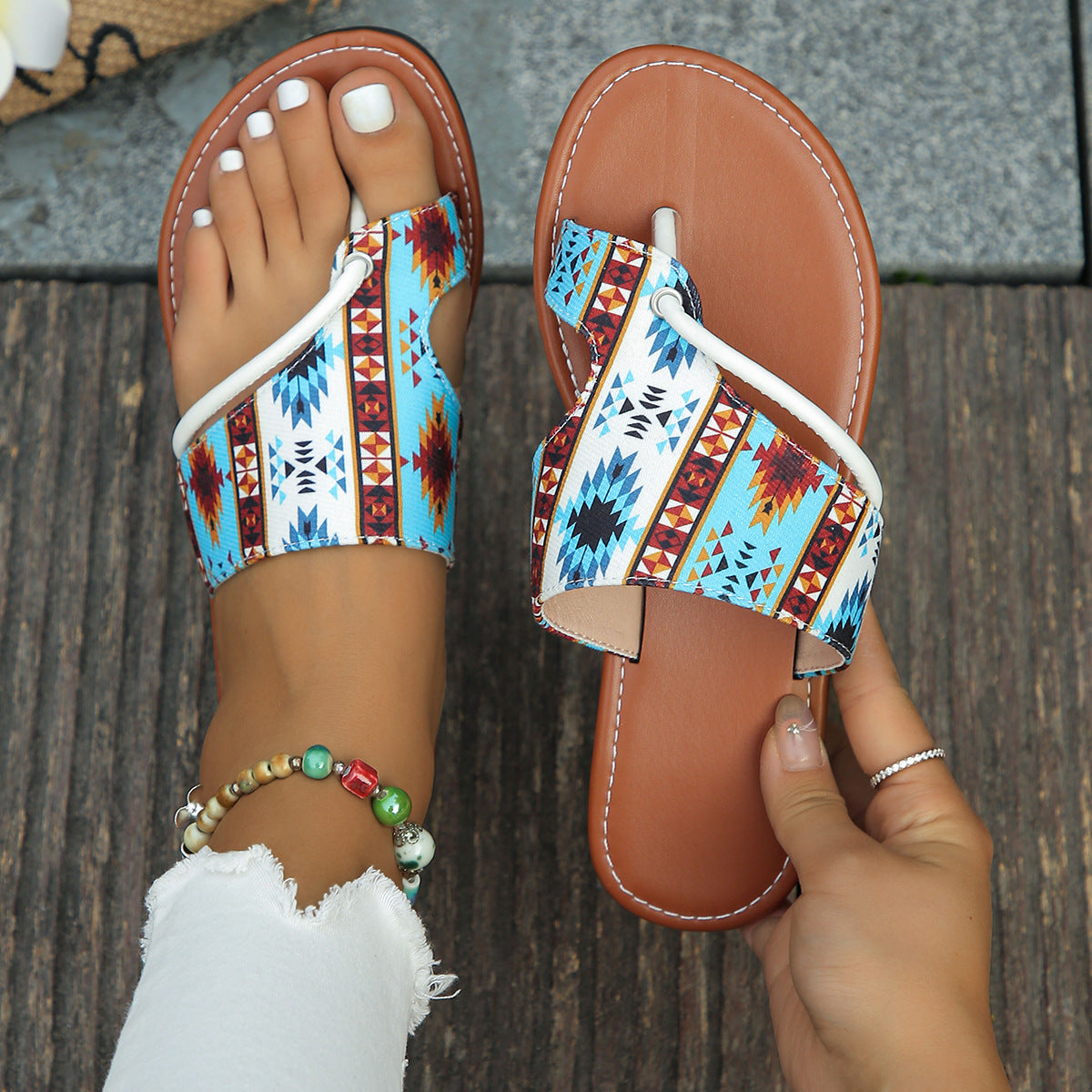 Breathable Printed Toe Covering Roman Style Sandals