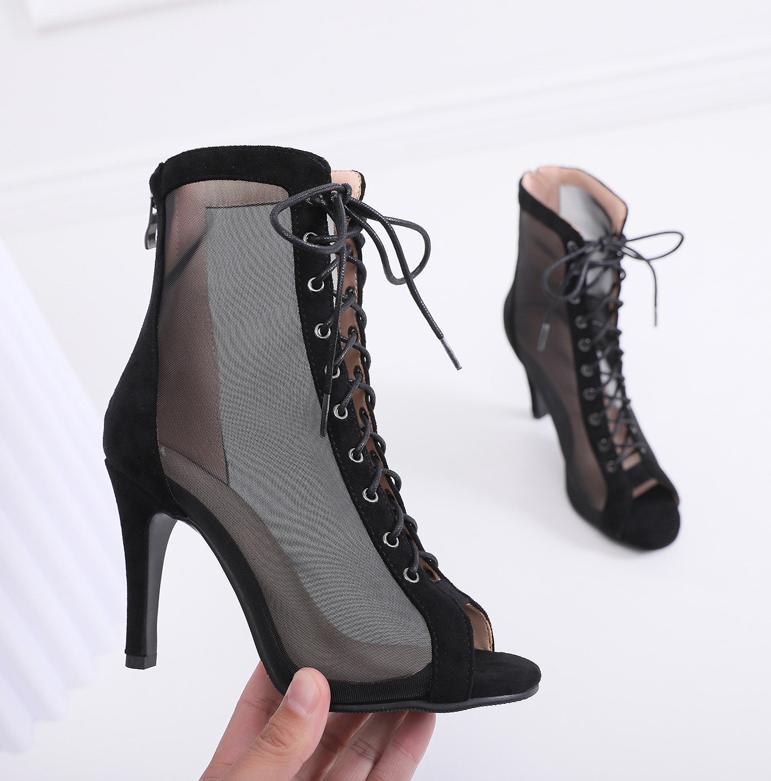 Ladies' Mesh Stiletto Lace Up Jazz Dance High Heel Hollow Out Ankle Boots