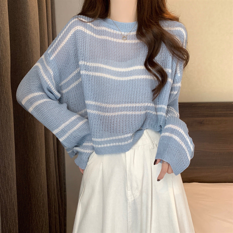 Striped Thin Sweater Loose Hollow-out Short Top