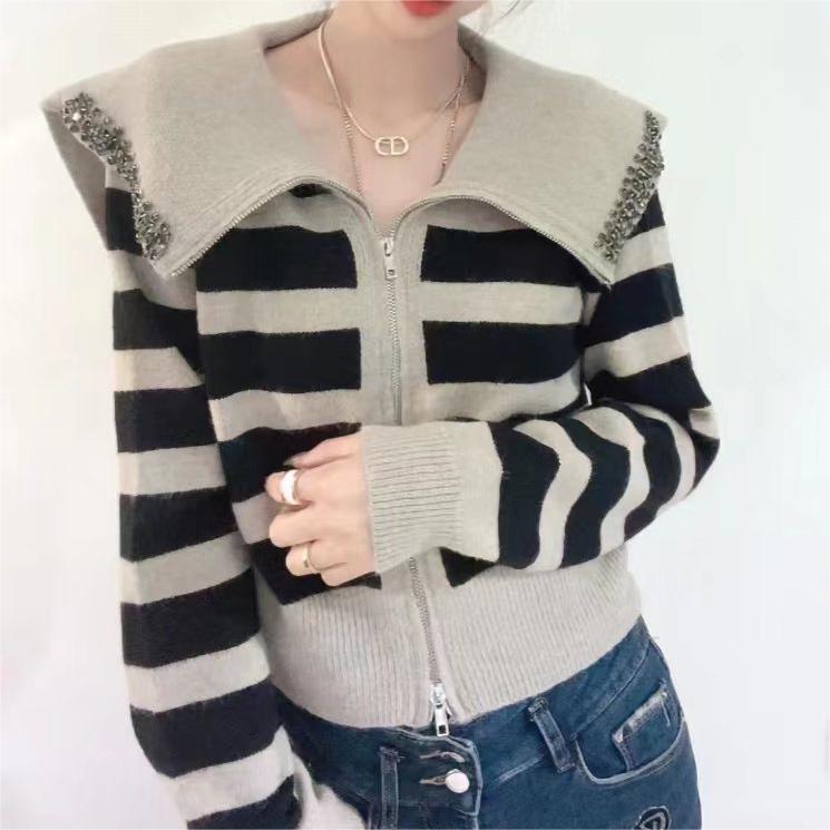 Sailor Collar Striped Sweater Coat Design Sense Niche Hot Drilling