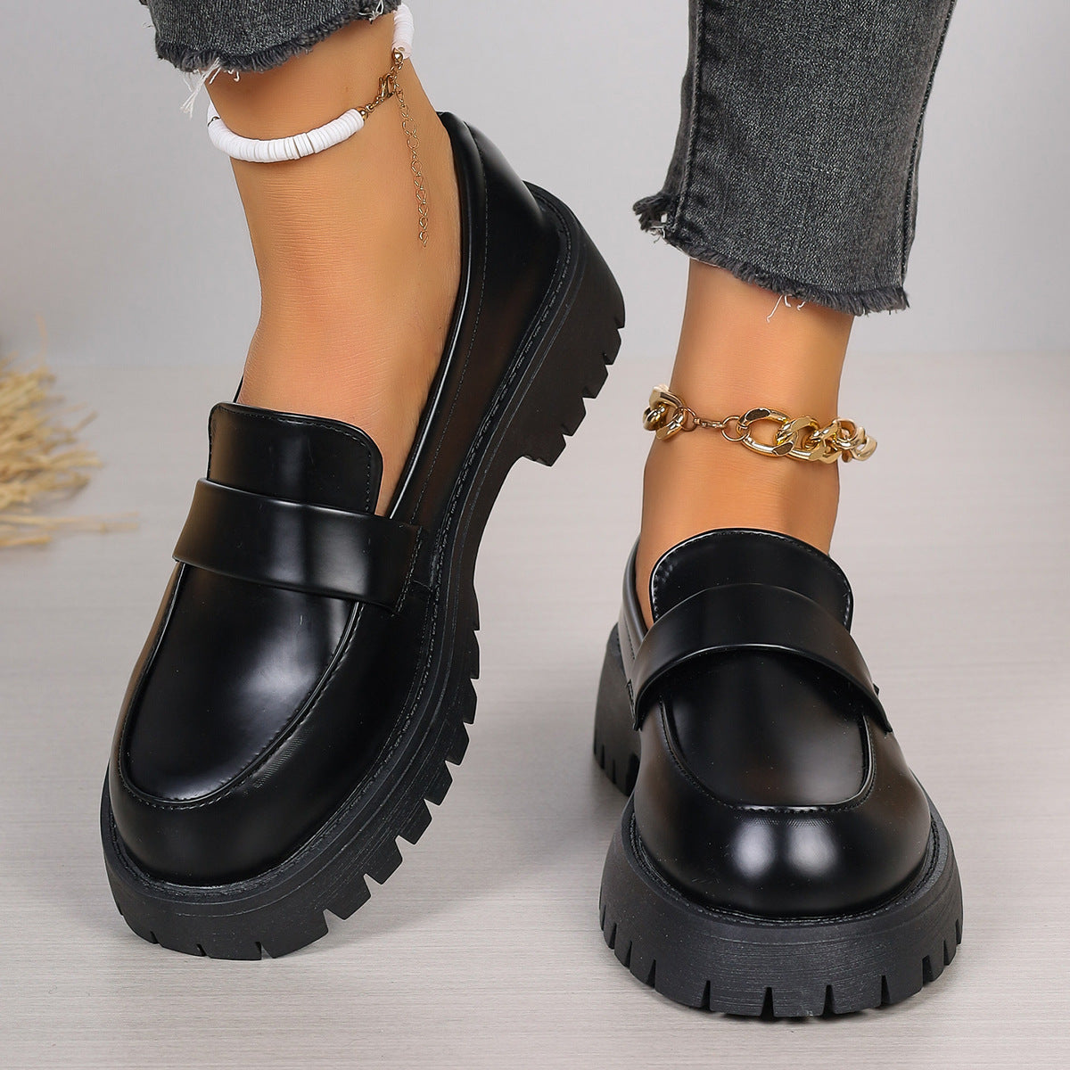 Black British Style Loafers Platform Shoes