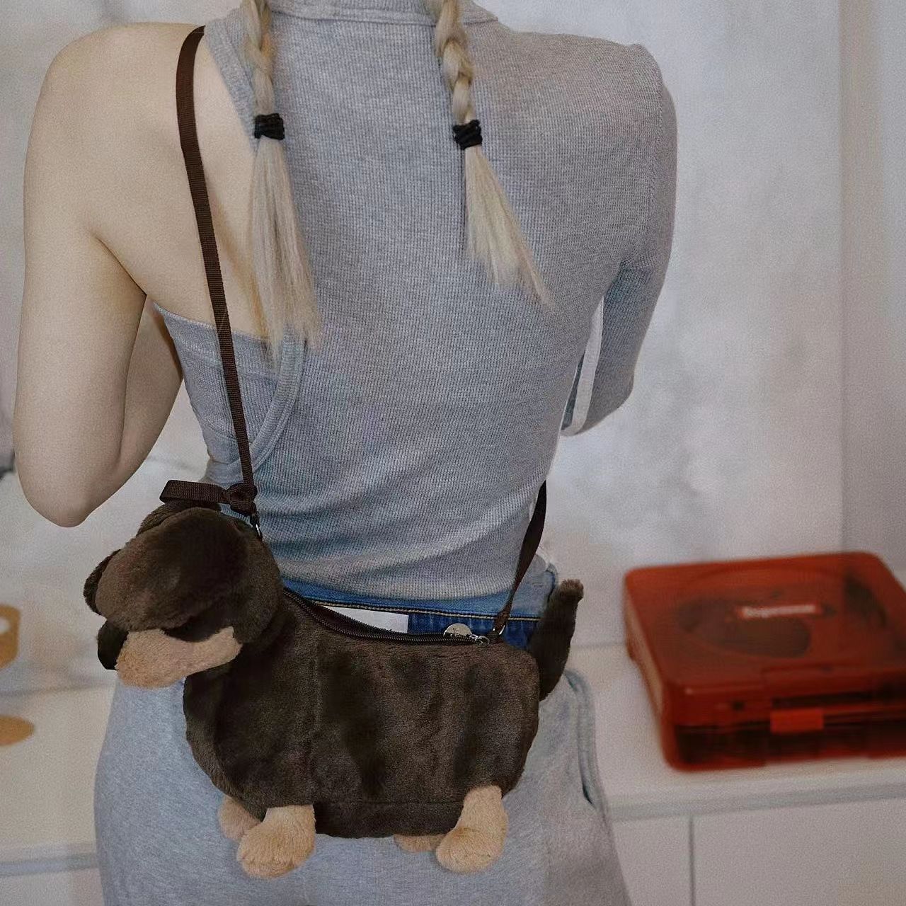 Plush Doll Sausage Dog Doll Crossbody Shoulder Bag
