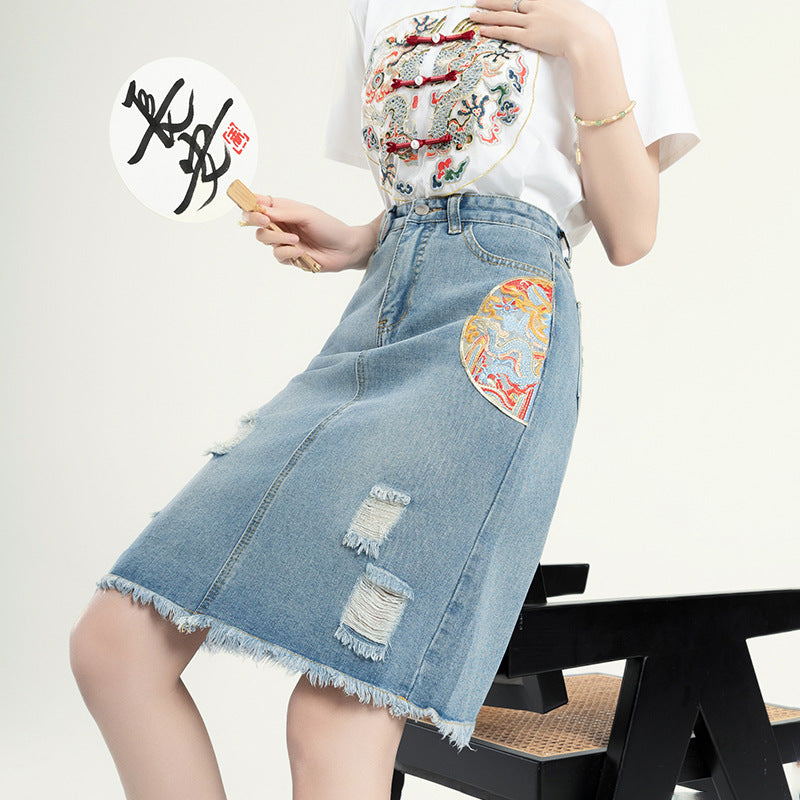 New Chinese Embroidery Denim Skirt A- Line Skirt Buckle