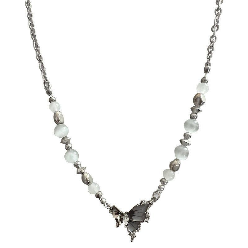 Gray Butterfly Stitching Opal Necklace
