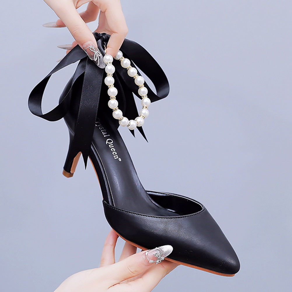 7cm Mid Heel Rhinestone Beaded Ribbon Sandals Matte Soft PU Leather Dress Shoes For Women