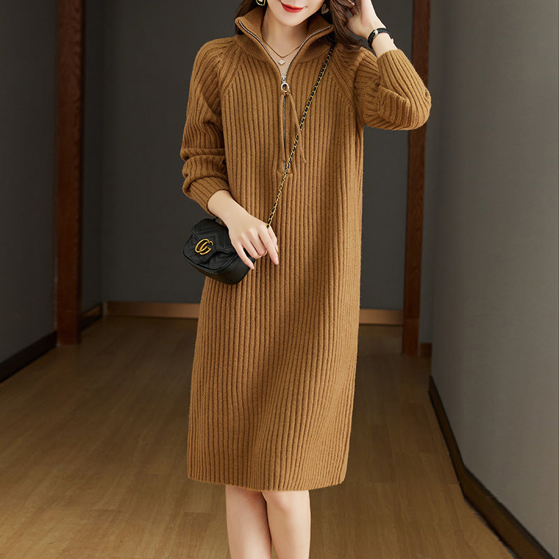 Bedford Cord Sweater Women's Dress Stand Collar Zipper Autumn And Winter Turtleneck Loose Knit