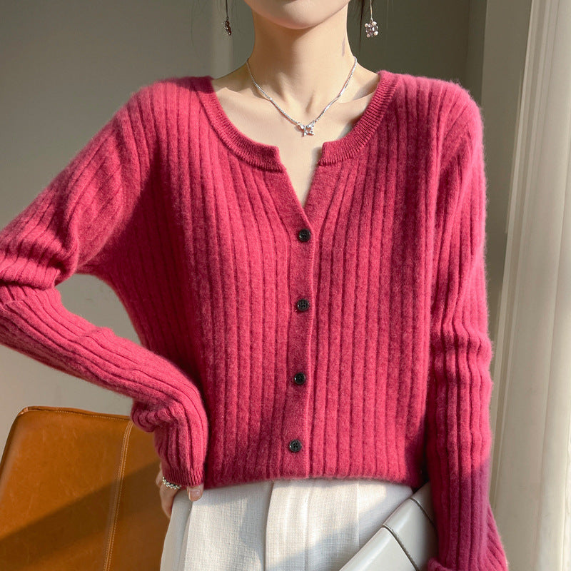 Round Neck Slim-fit Short Striped Solid Color Knitted Cardigan Jacket