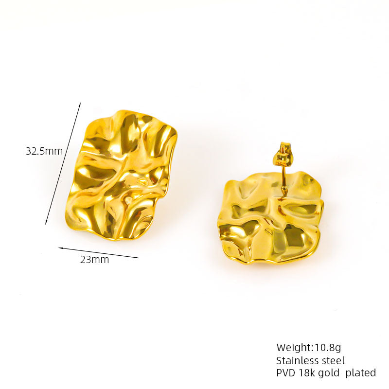 Titanium Steel Earrings Design Sense 18K Gold Plated Irregular Pleated Hammer Pattern Ear Clip
