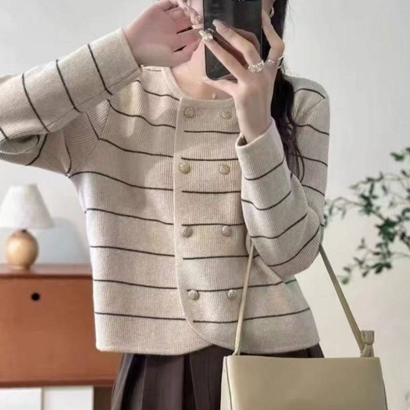 Double Breasted Western Style Classic Striped Color Collision Design Loose Round Neck Cardigan