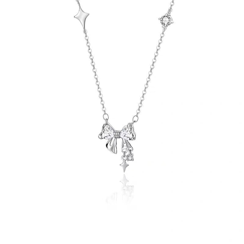 S925 Sterling Silver Tassel Bow Necklace Pendant Niche