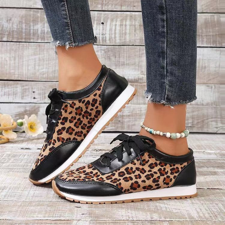 Flat Bottomed Leopard Print Lace Up Casual Sports Shoes