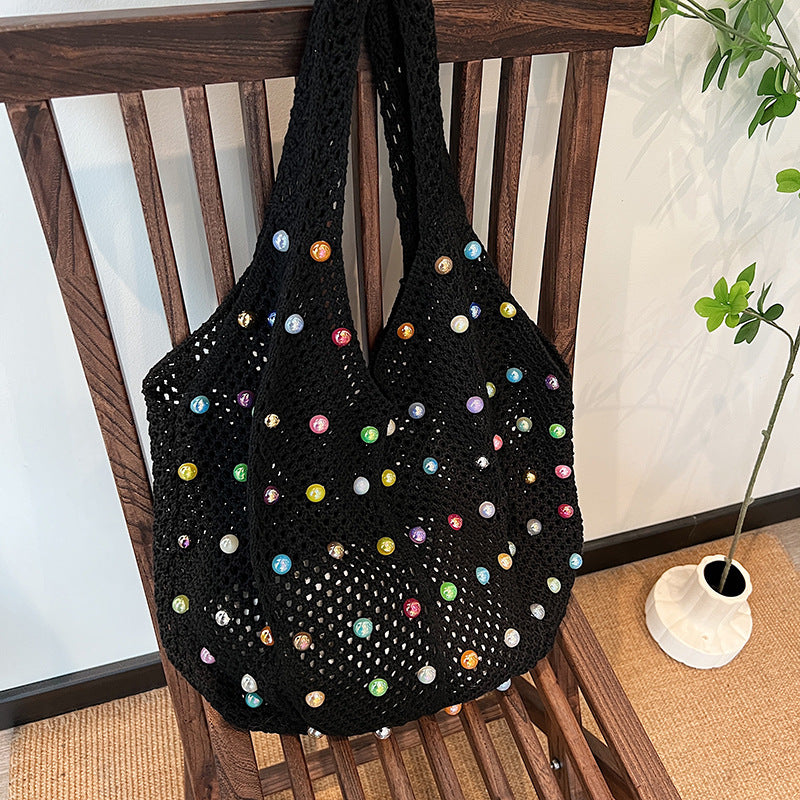 Knitted Tote Portable Women's Japanese Style Handmade Woven Bag Hollowed Leisure