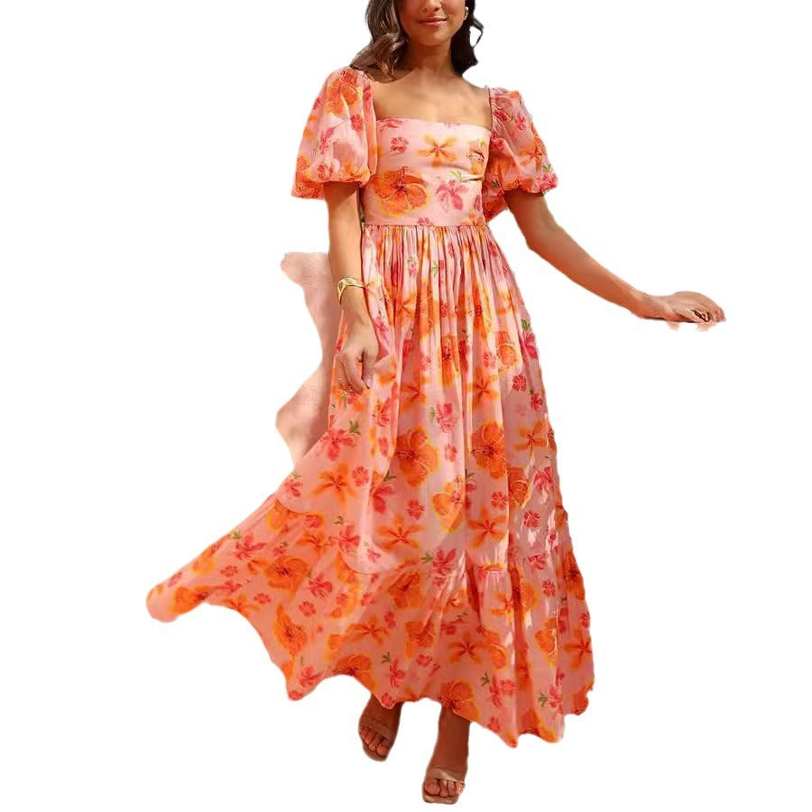 European American Summer New Bubble Sleeve Square Collar Printing A- Line High Waist Dress