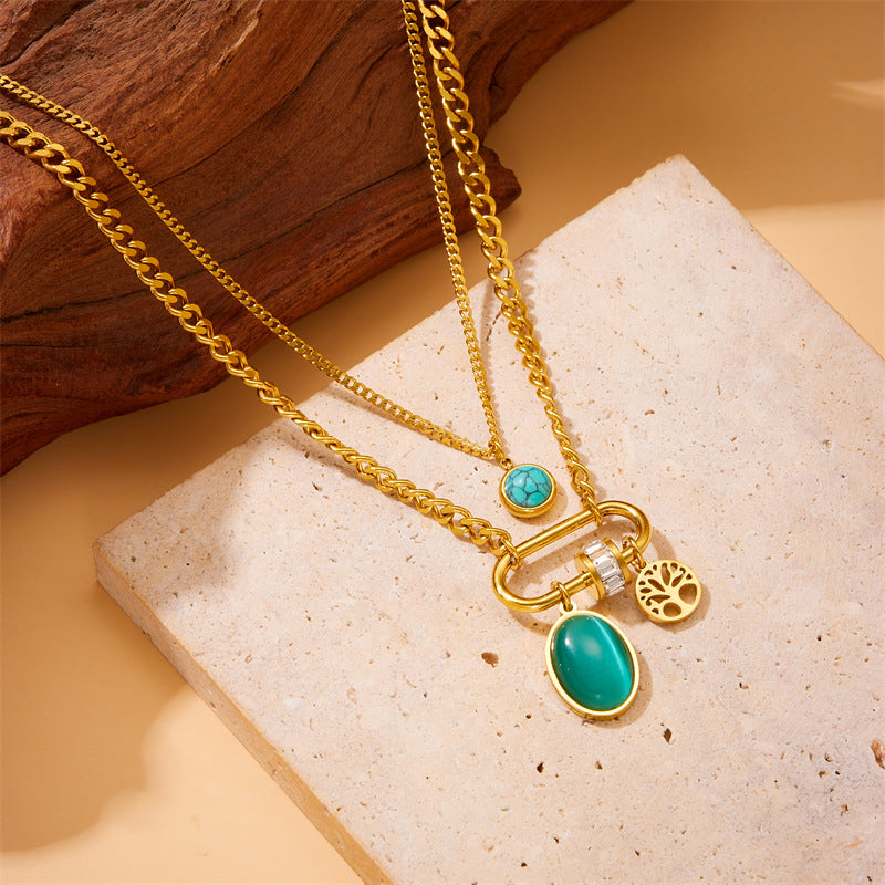 Double-layer Stainless Steel Gold-plated Chain Turquoise