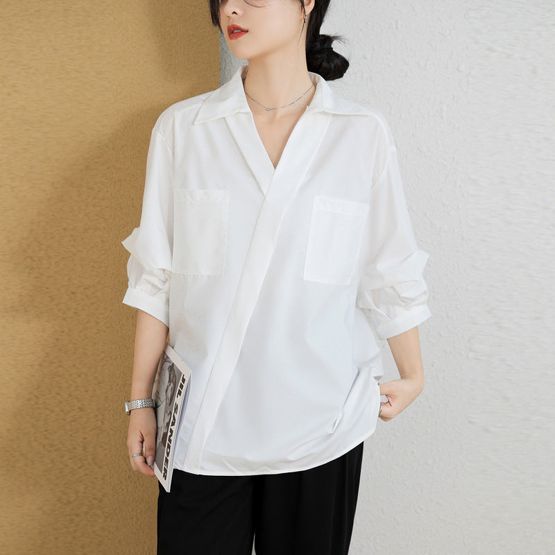 French Style Three-quarter Sleeve Loose Thin Lapel Shirt