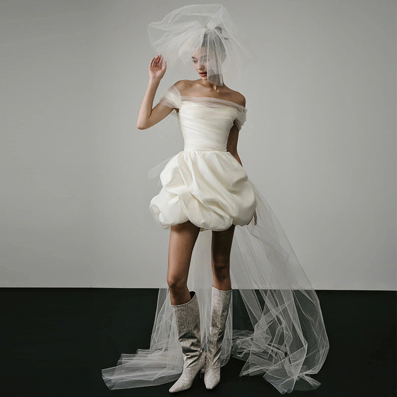 Off-shoulder Light Wedding Dress White Short