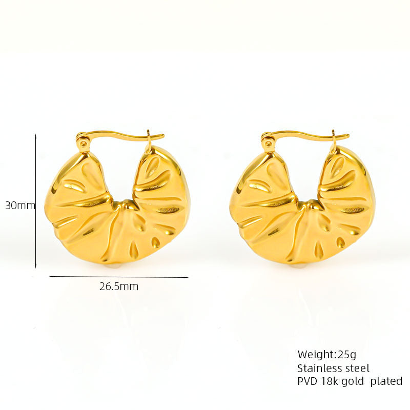 Titanium Steel Earrings Design Sense 18K Gold Plated Irregular Pleated Hammer Pattern Ear Clip